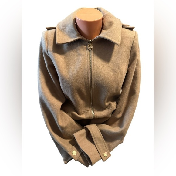 Michael Kors Womens M Beige Camel Tan Wool Blend Trench Overcoat Detachable Hood - Picture 1 of 15